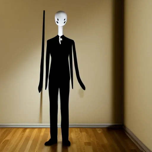 Image similar to slenderman standing in a dark bedroom, 8k, super detailed, extremly realistic, sharp