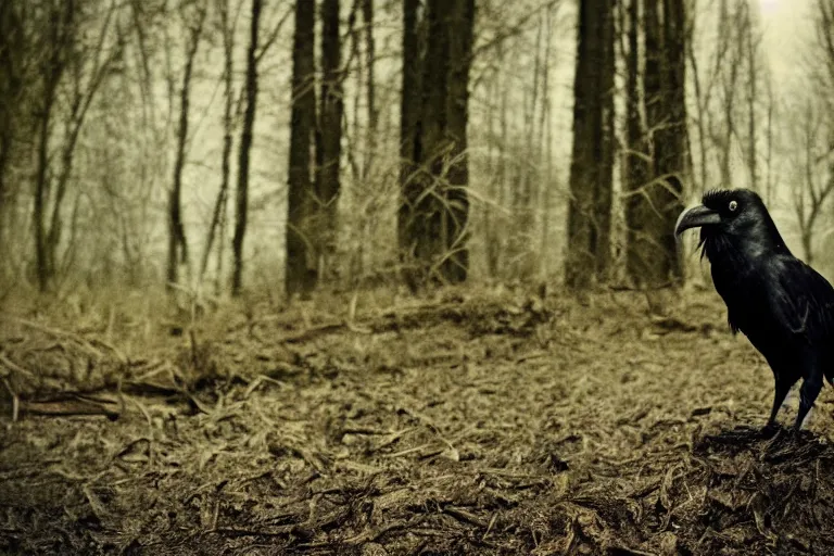 Image similar to werecreature consisting of a crow and a human, photograph captured in a dark forest