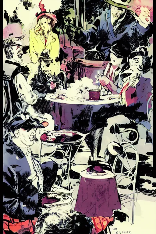 Image similar to a tea party in the clouds, graphic novel, high contrast, by bill sienkiewicz