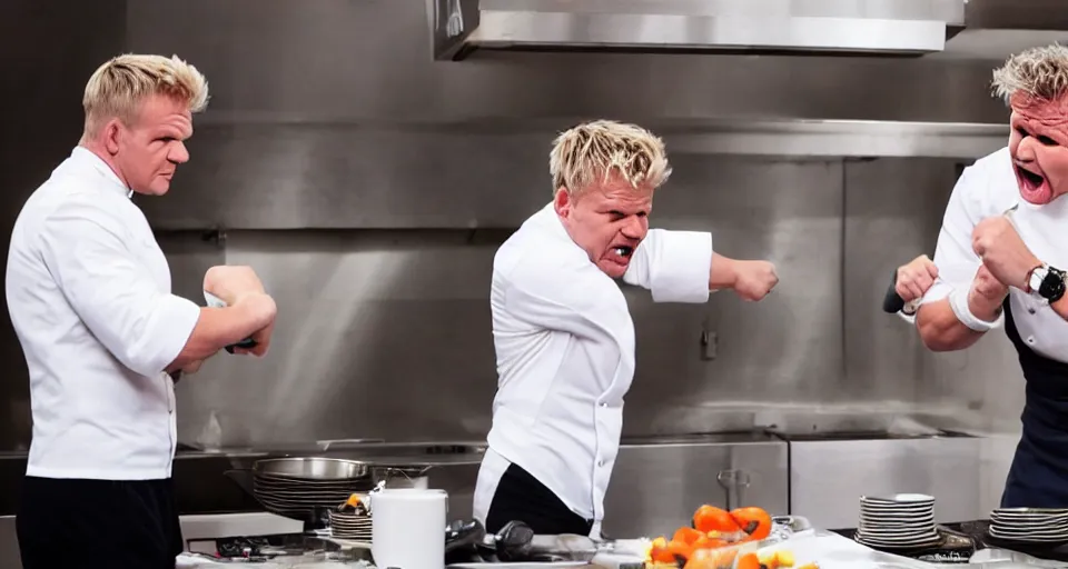 Image similar to photo of angry furious Gordon Ramsay punching Gordon Ramsay at the kitchen