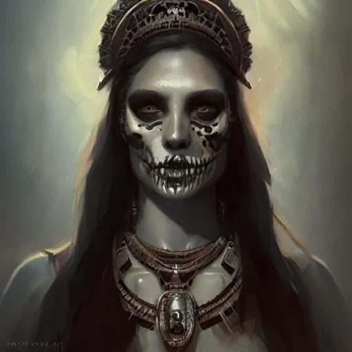 Image similar to a beautiful portrait of skull goddess by greg rutkowski and raymond swanland, dark background, trending on artstation