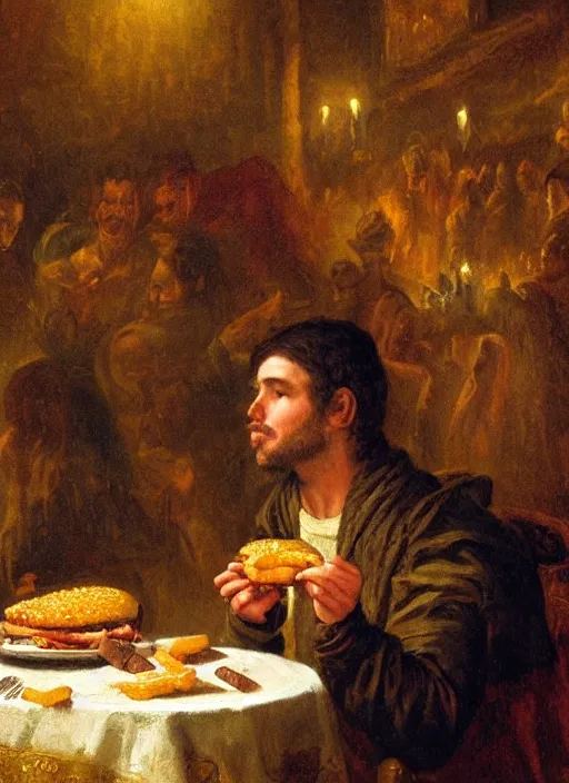 Image similar to young man eating a hamburger in the center of a dark medieval dinning room, surrounded by starving people in front of a giant painting, extremely realistic and highly detailed painting by gaston bussiere, soft light, gold ratio