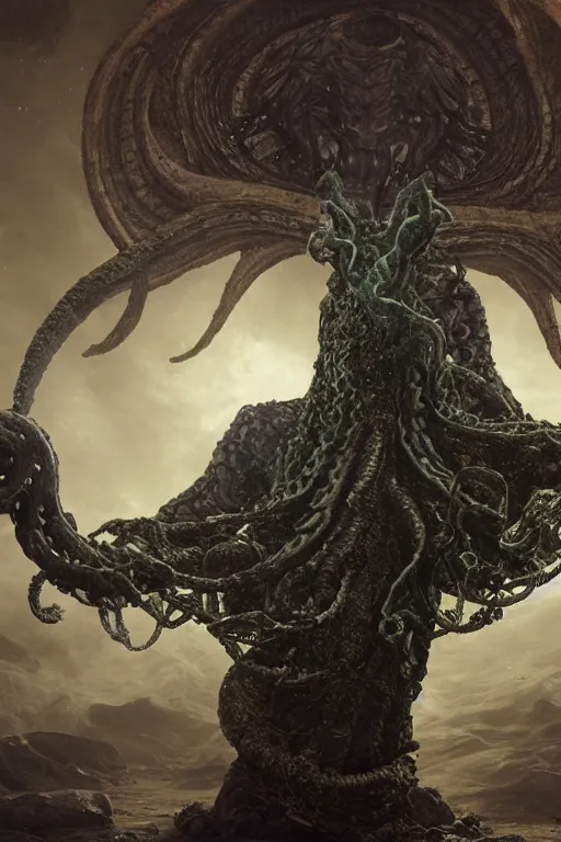 Prompt: Ancient priest of the Eldritch gods summoning Cthulu through a temporal anomaly, 8k octane rendered, photo realistic, highly detailed, intricate