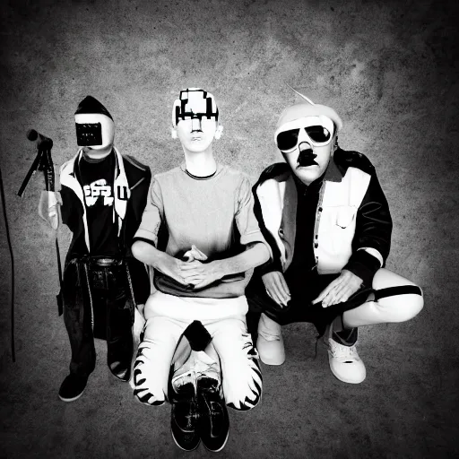 Prompt: bandphoto of chiptune band, in the style of billelis and pedro conti and stanley kubrick, inspired by die antwoord, black and white, photorealistic, epic, super technical, 3 d render