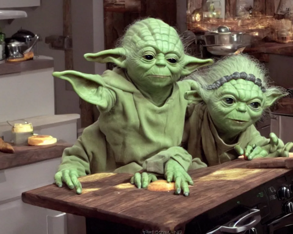 Image similar to yoda hosts a cooking show, scene from a horror movie