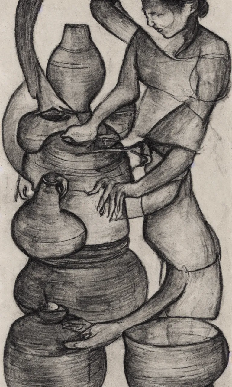 Image similar to abstract charcoal drawing of a woman at a pottery wheel making vases