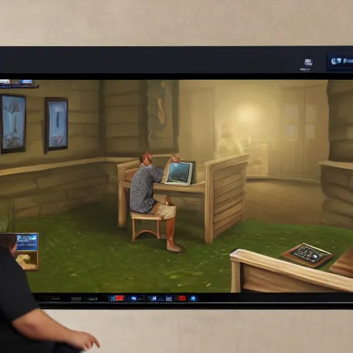 Image similar to photorealistic painting of a morbidly obese man playing runescape on his computer, shot from behind, 4 k, artstation