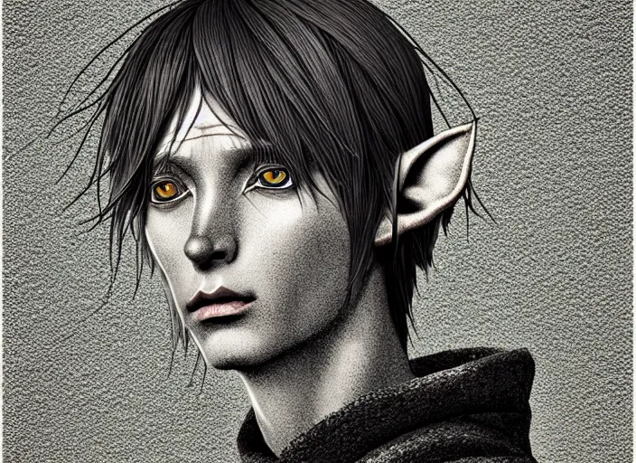 Image similar to anime portrait of a fantasy elf, Mads Berg, Karolis Strautniekas, stippled light, editorial illustration, detailed,fine texture, textured, matte print