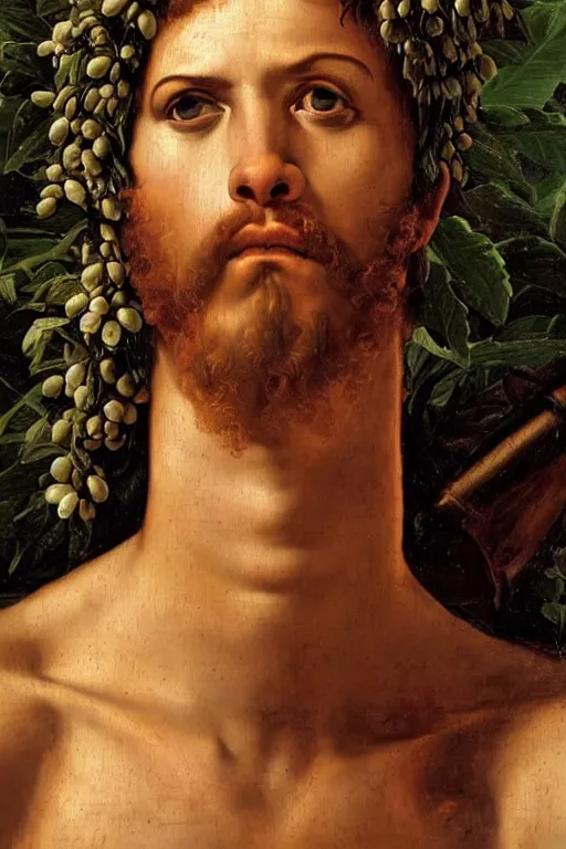 Image similar to renaissance painting of spartan, portrait, face closeup, emotions closeup, dressed in spartan armour, the beautiful garden with liliac bush everywhere, ultra detailed, art by guido reni style, vincenzo catena style