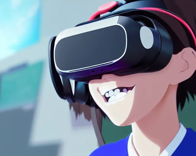 Image similar to anime fine details portrait of joyful girl in vr headset in school, bokeh. anime masterpiece by Studio Ghibli. 8k render, sharp high quality anime illustration in style of Ghibli, artstation