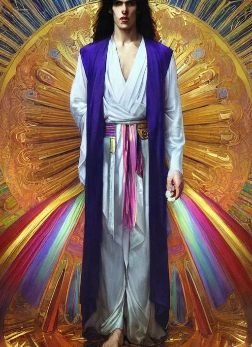 Prompt: a tall, muscular man with dark hair and pale skin. he is wearing a white royal robe. i'm the background, rainbow colors swirl around him. chromatic light. portrait painting by artgerm and greg rutkowski and alphonse mucha.