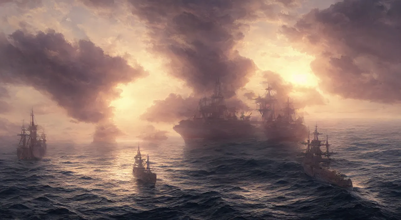 Image similar to hyper realistic detailed matte painting of one fregata ship sailing towards the rising sun, beautiful calm weather, calm foggy ocean, sunset lighting, hyperdetailed unreal engine 8 k ultra hd, stanley artgerm lau, rossdraws, james jean marc simonetti ruan jia and mandy jurgens and artgerm and william illustration, digital art, concept art