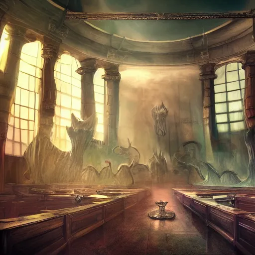 Image similar to eldritch legislature, fantasy illustration, realistic colorful photography, interior, hyperrealism, epic dramatic