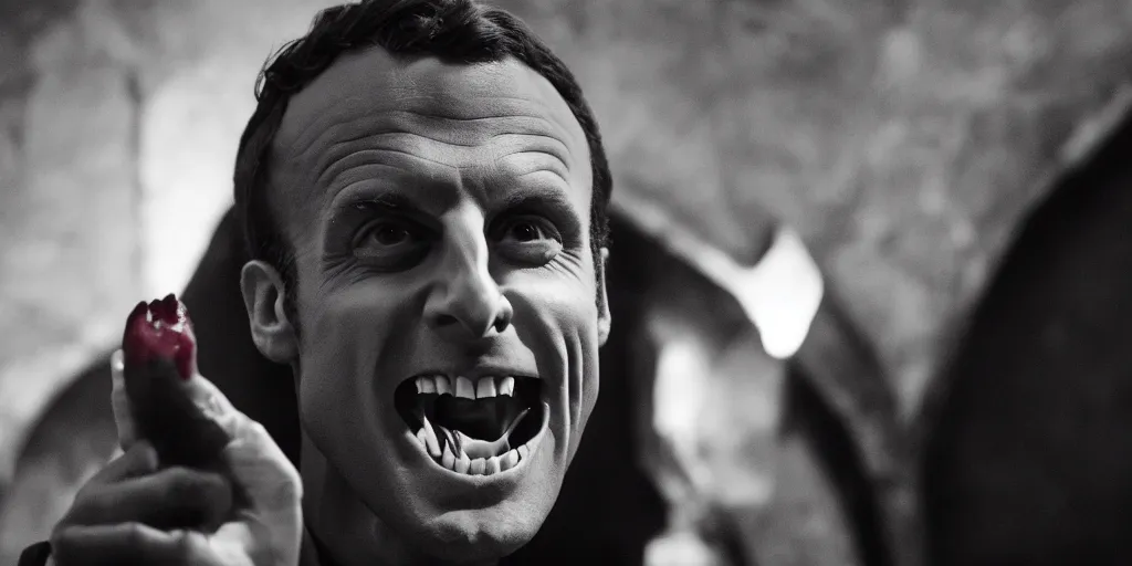 Prompt: secret footage of emmanuel macron as dracula thirst for blood, long canines, vampire, eerie, cinematic, movie still, fantasy, natural light, blood, sharp focus, dark ambience, natural light