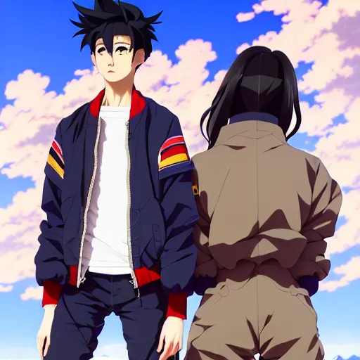 Image similar to a beautiful androgoynous anime boy gravure model, wearing oversized mayan bomber jacket and leotard with overalls, bulky poofy bomber jacket with mayan patterns, aztec street fashion, gapmoe yandere grimdark, trending on pixiv fanbox, painted by greg rutkowski makoto shinkai takashi takeuchi studio ghibli, akihiko yoshida