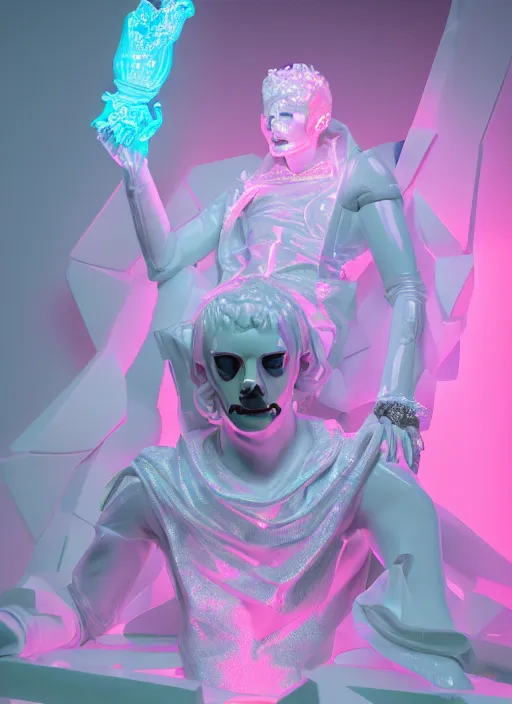 Image similar to photo of fullbodied baroque and bladerunner delicate neon diamond sculpture of seductive ceramic albino marble prince andres sanjuan dotado mint iridescent humanoid deity wearing pink plastic fluffy hoody holding diamond skull in a white alien dungeon, reclining, glowing magenta face, crown of white diamonds, cinematic lighting, photorealistic, octane render 8 k depth of field 3 d