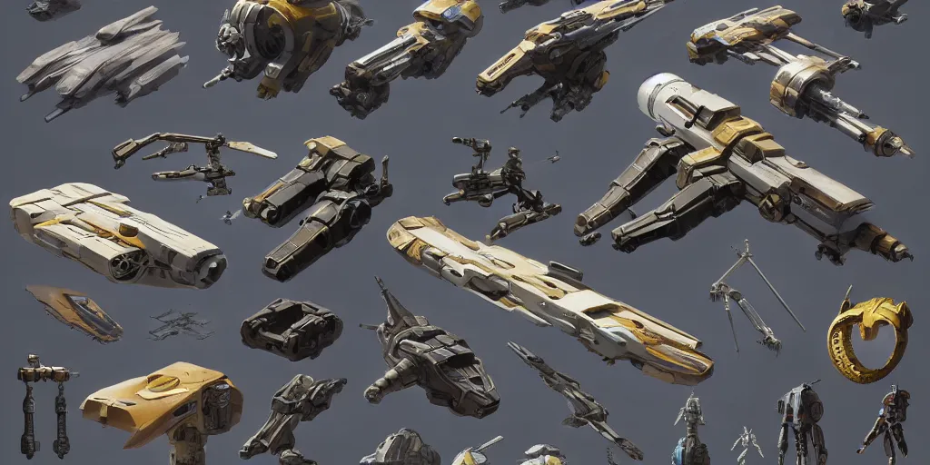 Image similar to futuristic sci - fi props and gadget, hard surface, collection, kitbash, parts, shape and form, in watercolor gouache detailed paintings, star citizen, modular, pieces, golden ratio, mobius, weapon, guns, destiny, big medium small, insanely details