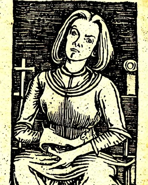 Image similar to woodcut illustration of dana scully from the nuremberg chronicle, 1 4 9 3, sharp scan, restored