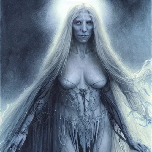 Prompt: head and shoulders portrait of a spectral, ghostly, shadowy wraith portrayed by gwynneth paltrow, d & d, fantasy, luis royo, magali villeneuve, donato giancola, wlop, krenz cushart