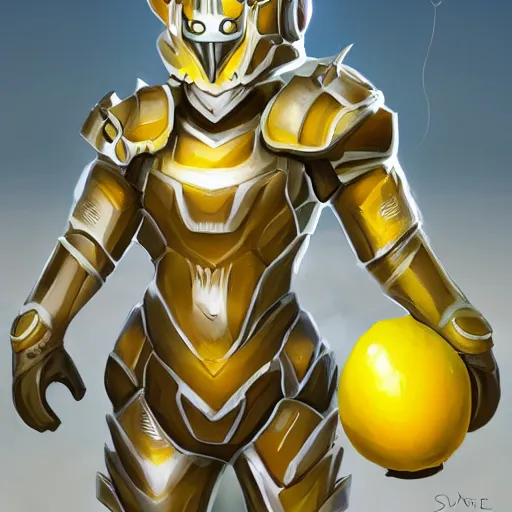 Prompt: A lemon full body portrait wearing dark matter armor standing on a hill, dynamic lighting, photorealistic concept art, stunning visuals, creative, trending on art station, ultra detailed