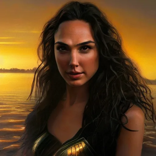 Prompt: Portrait of the beautiful woman Gal Gadot, she is posing, she is walking on a river, she is getting ulluminated by the rays of the sunset, the photo was taking by Steve McCurry, matte painting, oil painting, naturalism, 4k, 8k