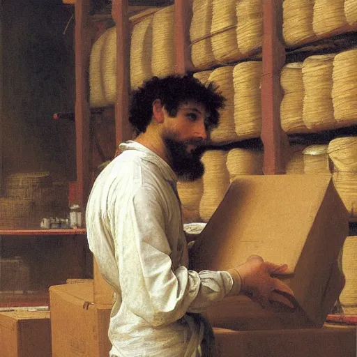 Prompt: an oil painting of an man working in warehouse he doing sorting package, view from back, by Bouguereau, highly detailed and intricate, 1500,