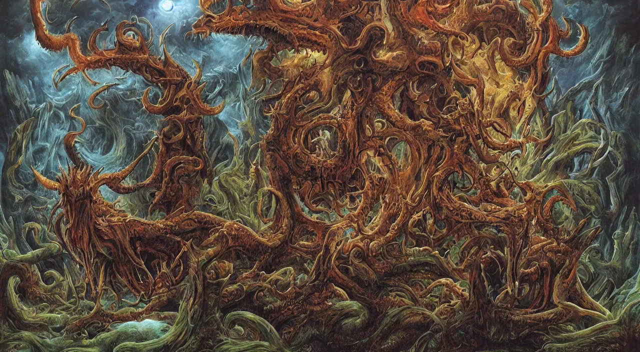 Image similar to a detailed portrait of a demon with long horns and spikes on its back. huge razor claws and fiery vortex eyes in a mystic cosmic labrynth, by roger dean, by robert hubert, by laurie lipton, detailed, realistic shadows, volumetric lighting, mythical creatures, rendered in redshift, matte painting