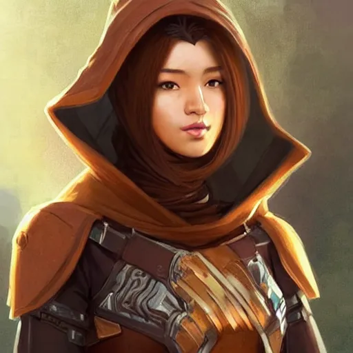 Image similar to a brown skinned asian woman in destiny hunter armor, wearing a hooded cloak, beautiful face!!!!, blue eyes, brown hair in a bob, 2 7 years old, cg animation, realistic, character select portrait, by artgerm, greg rutkowski, alphonse mucha, 3 d