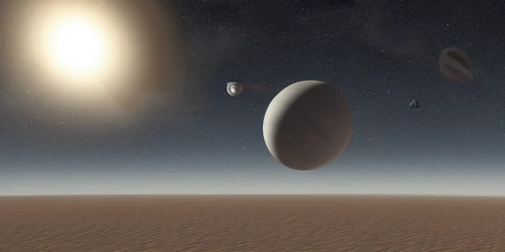 Image similar to A smooth grey starship is flying above a desert planet with stars in the background.