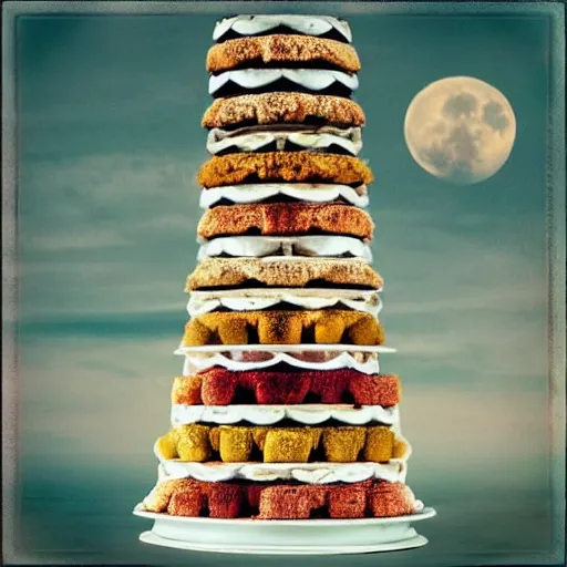 Image similar to “ a tower of desserts as high as the moon ”