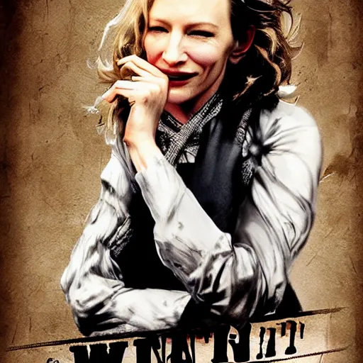 Prompt: wanted outlaw poster of cate blanchett,