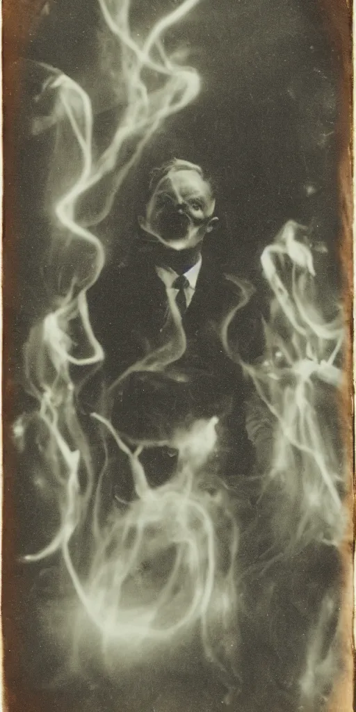 Image similar to spirit photography with glowing bulbous ectoplasm, scary reed people, sleep paralysis demon, 1 9 0 0 s, slimer, mourning family, invoke fear and dread, old photograph, daguerreotype, face of elon musk in the center