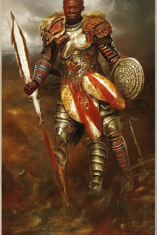 Prompt: a powerful and muscular make igbo warrior , half body portrait, blond hair, ornate armour, realistic oil painting by Thomas Cole and Wayne Barlowe and Boris Valejo