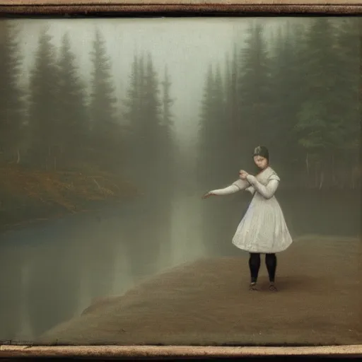 Image similar to girl dancing in front of a river, alone in the wilderness, foggy, misty morning, early spring, boreal forest, 19th century,