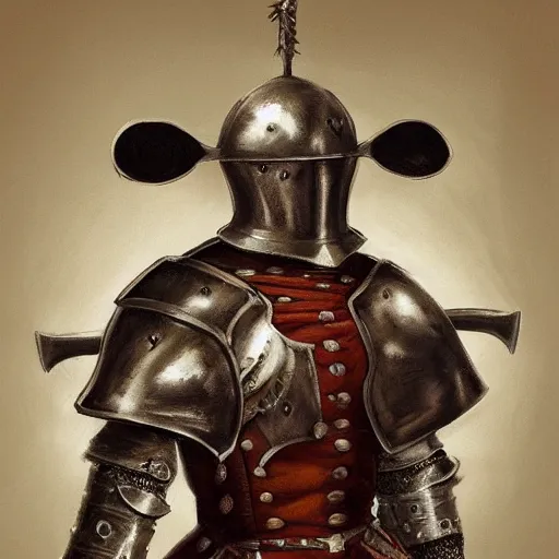 Image similar to a mouse wearing a conquistador's suit of armor and sword, fantasy, concept art, portrait, Renaissance, oil painting, Baroque