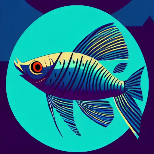 Image similar to profile of one stylized fish in center of view, dark ocean, complex patterns, artstation, intricate, realistic, highly detailed, digital painting, concept art, sharp focus, illustration by tom whalen and charles williams and kilian eng and james jean