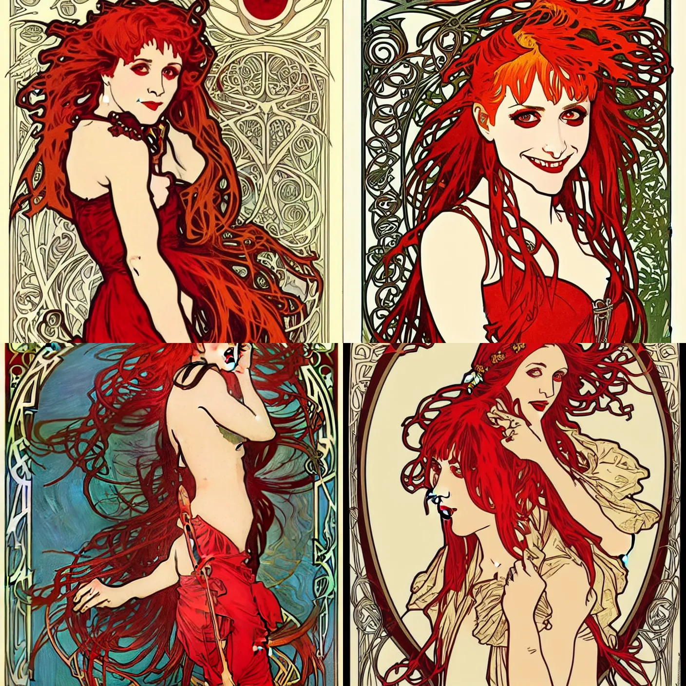 Prompt: Alphonse Mucha, art nouveau, cardstock, pretty female Hayley Williams Paramore, vampire, fully red eyes, sharp teeth smile, symmetrical, victorian dress, long red hair, full body action pose