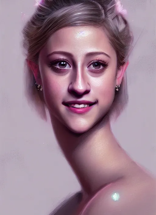 Image similar to portrait of lili reinhart with fluffy bangs, smiling kindly, bangs, 1 9 6 0 s, ponytail, fluffy bangs and ponytail, intricate, elegant, glowing lights, highly detailed, digital painting, artstation, concept art, smooth, sharp focus, illustration, art by wlop, mars ravelo and greg rutkowski