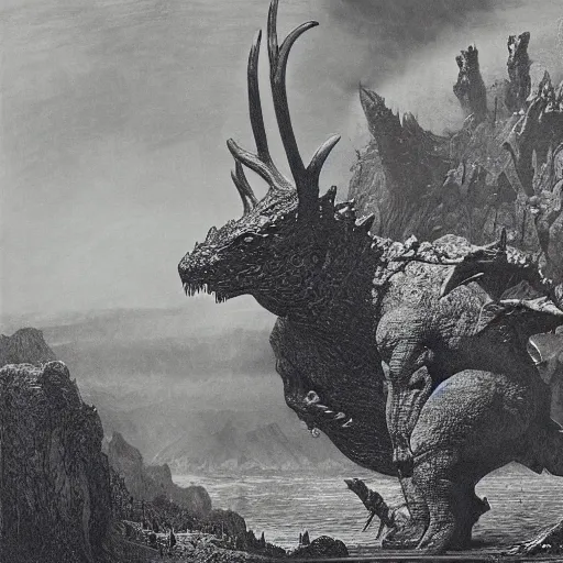 Prompt: godzilla sized deer demolish city, gustave dore