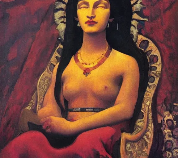 Prompt: an oil painting a queen with dark hair and white fair skin standing on a throne by nicholas roerich, by gustave moreau, by james hawe, by frank frazetta!, by georgia o keeffe, highly detailed, realistic, realism, manierism, oil painting, wide shot