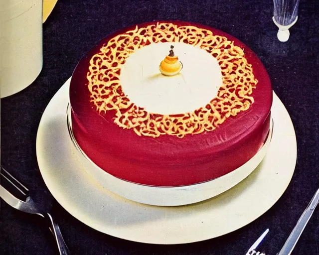 Image similar to 1970's cookbook color photograph of fancy cake sharp detail high detail