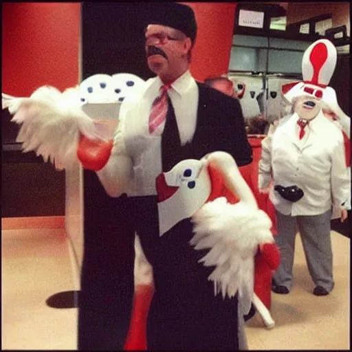 Prompt: anthropomorphic colonel sanders chicken abomination, working at kfc, real life photo,