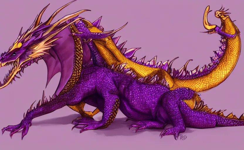 Image similar to a purple and gold dragon laying on its back, relaxing dragon, detailed digital art, artstation