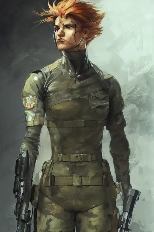 Image similar to mgs solid snake as a woman, full body military outfit, army boots, pouches, full body concept art, khaki color, oil painting, sunlit, paint texture, digital painting, highly detailed, artstation, sharp focus, illustration, concept art, ruan jia, charlie bowater, tom bagshaw, norman rockwell