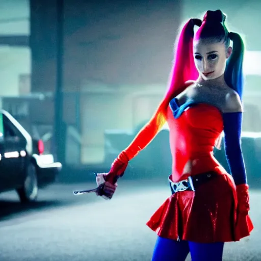 Image similar to Ariana Grande as real-life Harley Quinn, cinematic, Wide-shot, atmospheric lighting, directed by Ti West, extreme detail, 8K, movie still