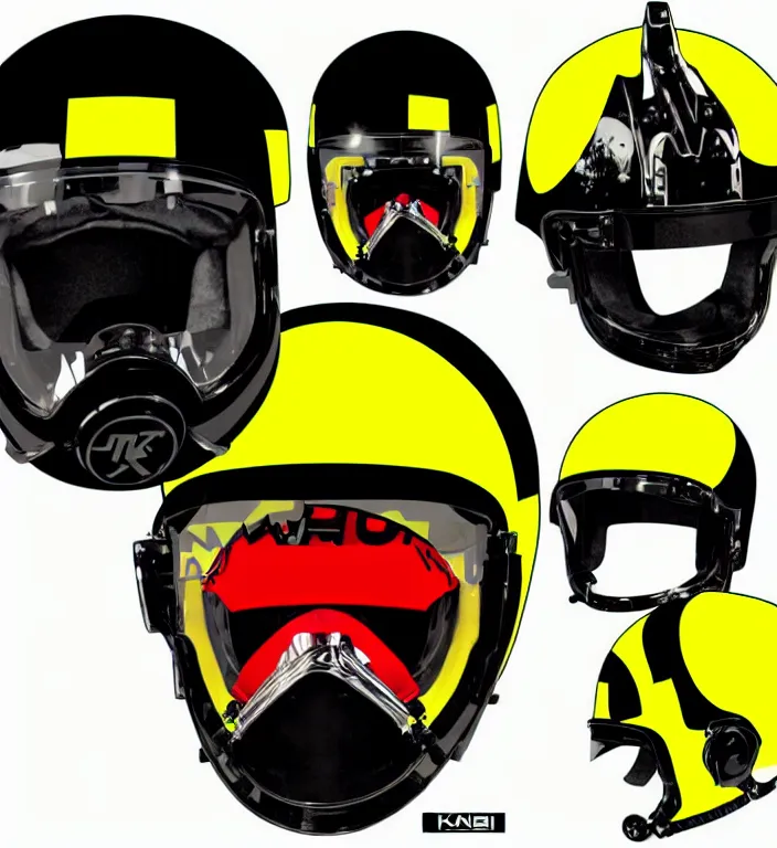 Image similar to futuristic yellow racing helmet with headset and chrome visor, a fusion of punk, cybertech and mad max aesthetics, neon trims, by kawakubo rei, takada kenzo and laurie greasley