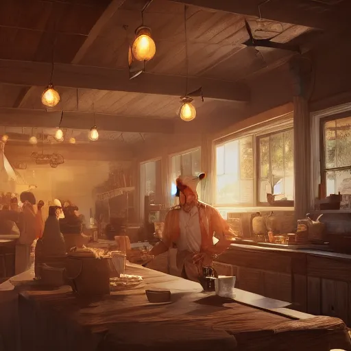 Prompt: Interior of a western style trade spot with a person on the counter, 4k, artstation, cgsociety, cinematic lighting