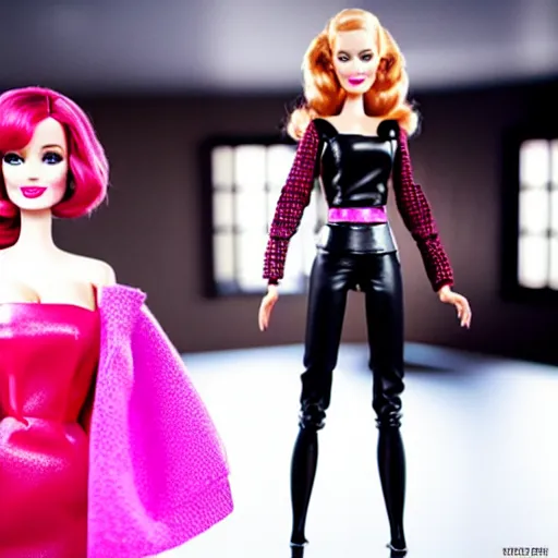 Image similar to amazing beautiful Christina Hendricks barbie doll wearing leather in the living room, film still from the movie directed by Denis Villeneuve , wide lens