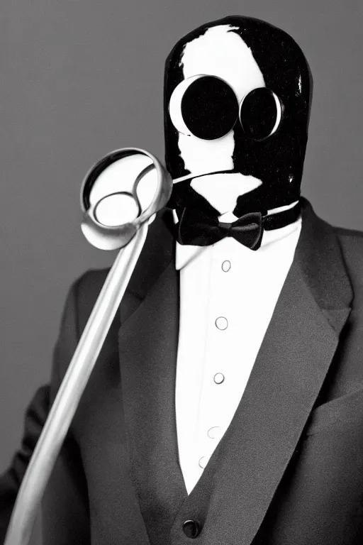 Prompt: a tuxedo with a magnifying glass as a head, portrait, vintage, cyber noir,