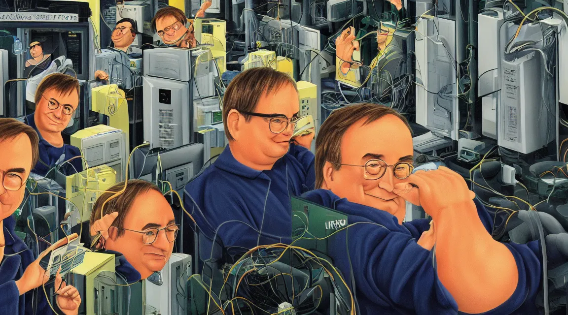 Image similar to Wallpaper of Linus Torvalds in a datacenter painted by fernando botero